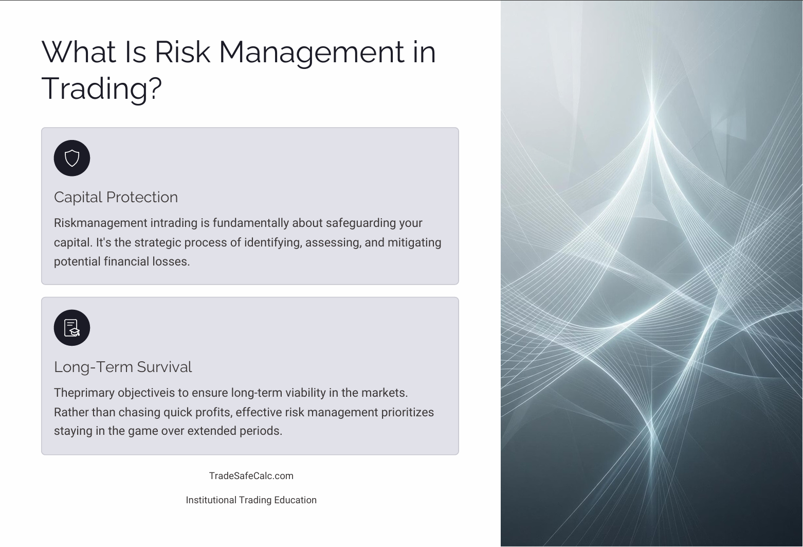 Trading risk management concept showing capital protection and long-term survival through controlled decision-making by TradeSafeCalc